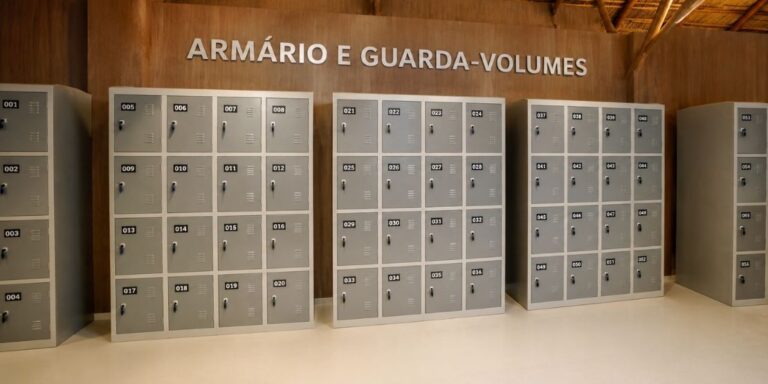 Área de armários e guarda-volumes no Hot Beach Olímpia, mostrando a estrutura disponível para guardar pertences com segurança durante o dia no parque aquático.